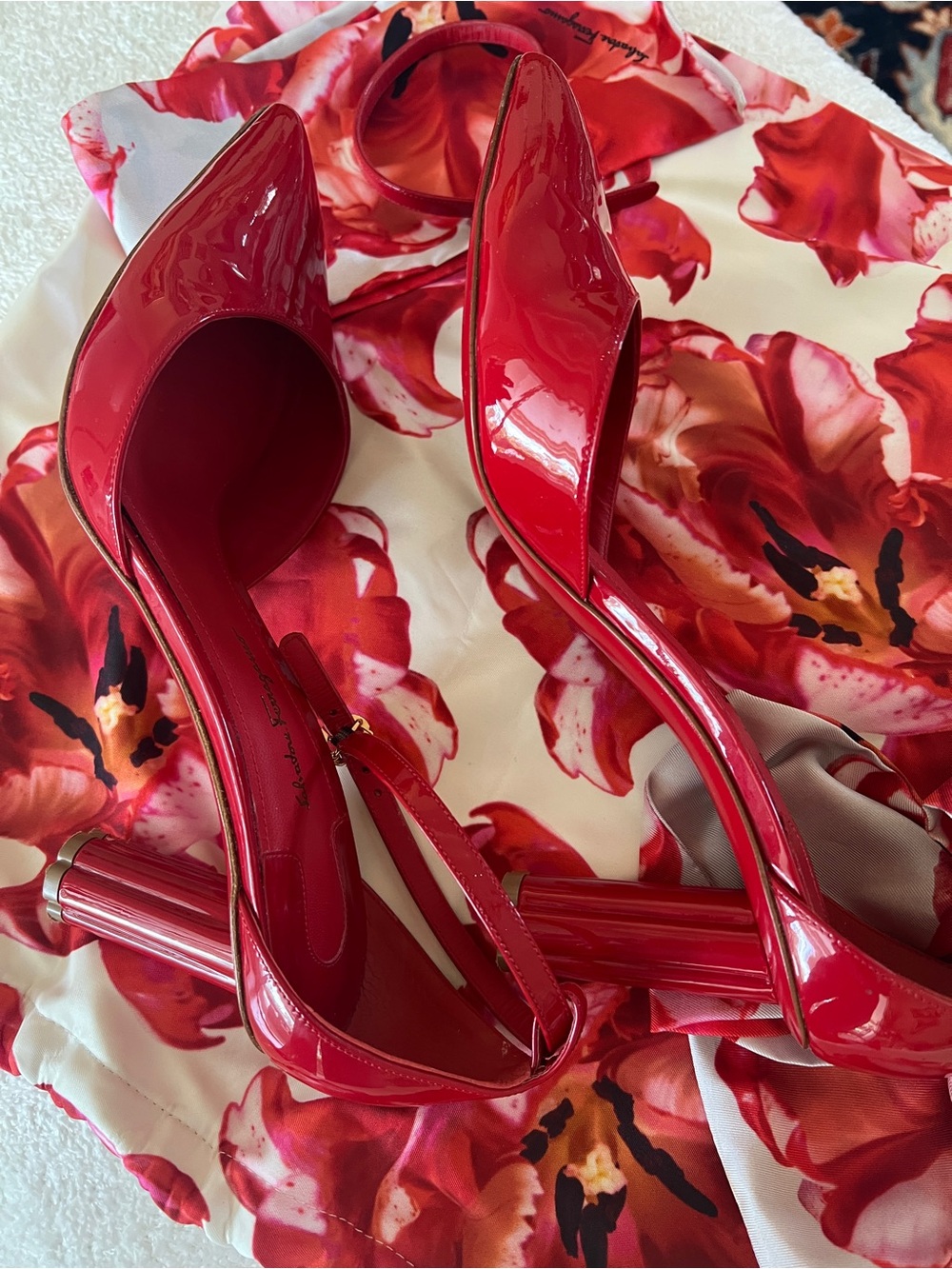 Salvatore Ferragamo Red Patent Pointed-Toe Slingback Pumps with Ankle Tie - Picture 6 of 10